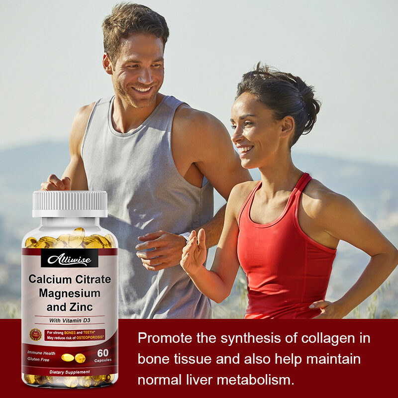 Alliwise Cápsula de Zinc y magnesio y calcio, vitamina D3 para huesos fuertes, dientes, aumento del nervio cardíaco, suplemento de función del sistema inmunológico