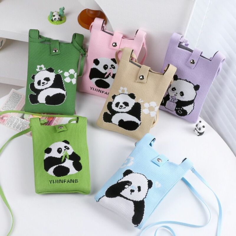 Borsa a mano in maglia carina borsa da polso con nodo riutilizzabile Mini modello Panda borsa per telefono ad alta capacità da donna