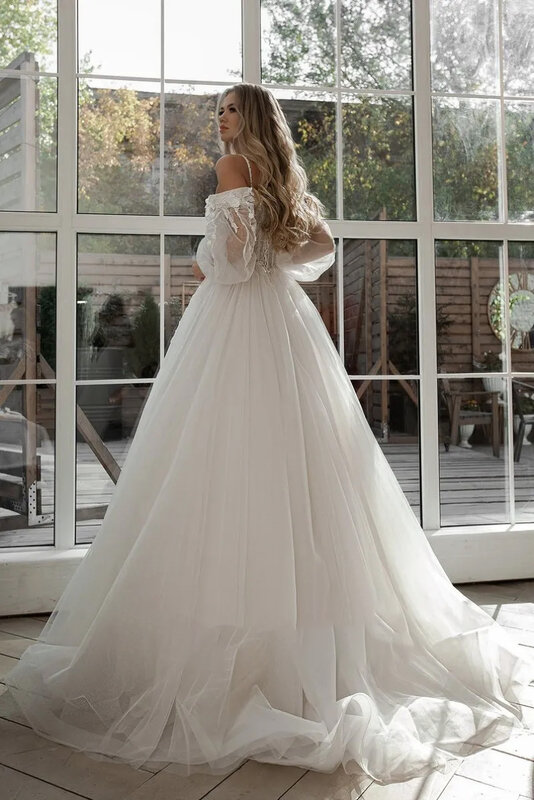 Haohao 2024 Свадебные платья с пышными рукавами, кружевные 3D цветы, с открытыми плечами, Тюлевое платье невесты в стиле бохо, платья для невесты