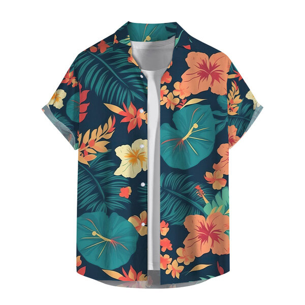 夏の男性と女性の半袖シャツ花柄プリントカジュアルラペルボタンアップシャツのトップス