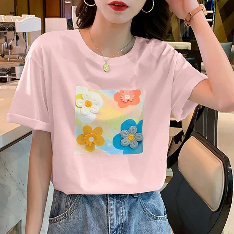Bordado floral camiseta femme algodão t camisa feminina coreano moda das mulheres roupas tshirt verão manga curta o-pescoço topos