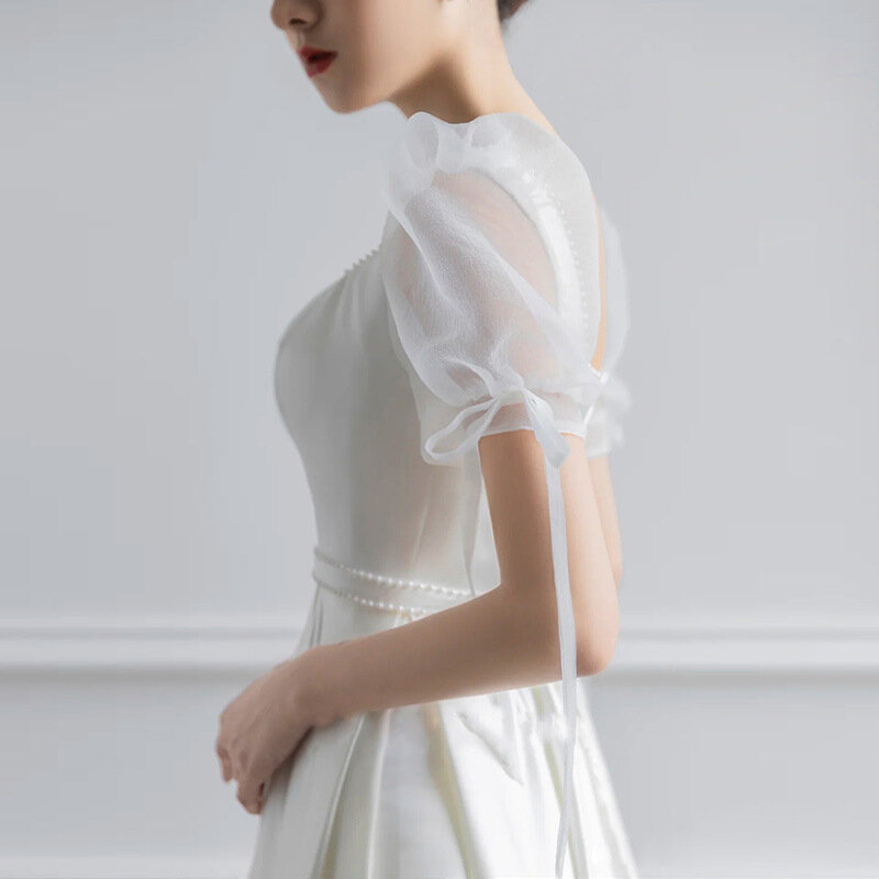 Белое Атласное Свадебное платье для невесты, официальное элегантное вечернее длинное платье с пышными рукавами для гостей, летнее женское официальное платье