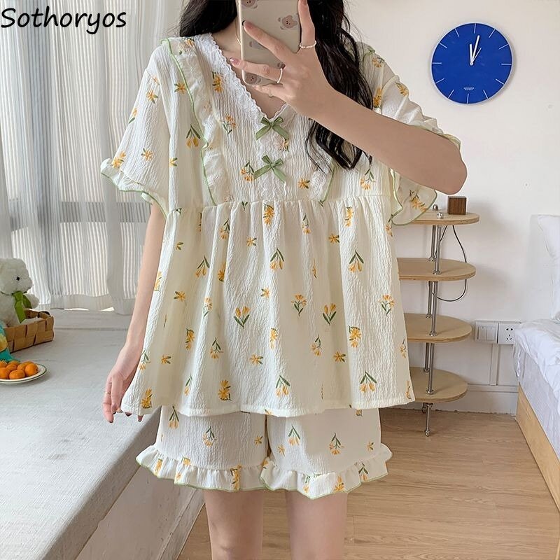 Pajama Sets Women Summer Sweet Girls Lovely Ruffles Bow Printed Designed Korean Style M-4XL Comfortable V-neck Lace Patchwork