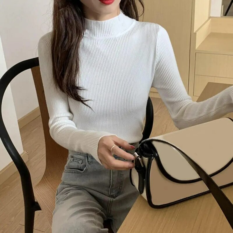 Women Sweater Solid Half High Collar Long Sleeve Slim Fit Pullover Spring Autumn Stretch Knitted Bottoming Shirt Streetwear