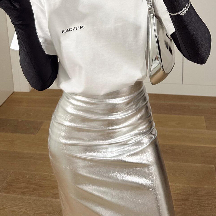 Women's 2024 Spring New Style Temperament Fashion High Waist Split Slim Wrap Hip PU Leather Long Half Length Skirt