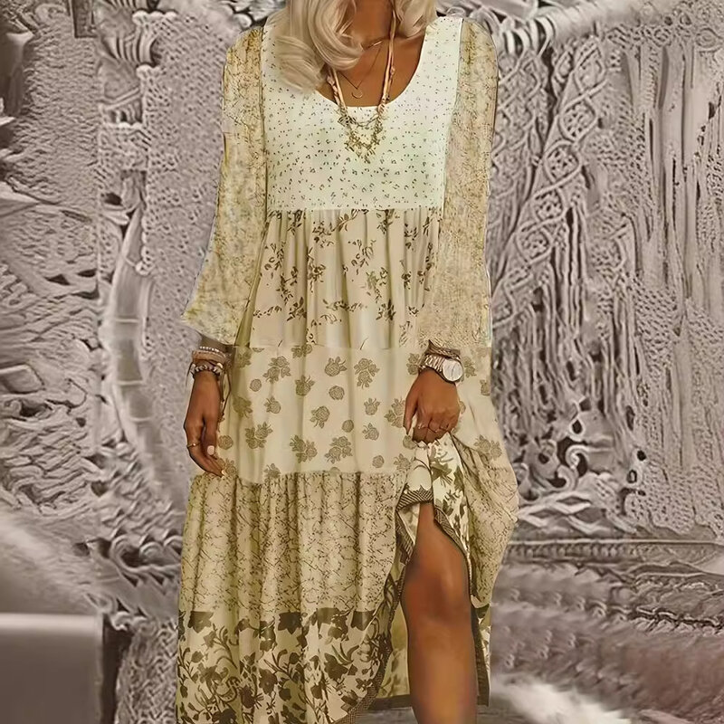 여성용 컬러블록 꽃무늬 프린트 긴팔 라운드넥 맥시 원피스