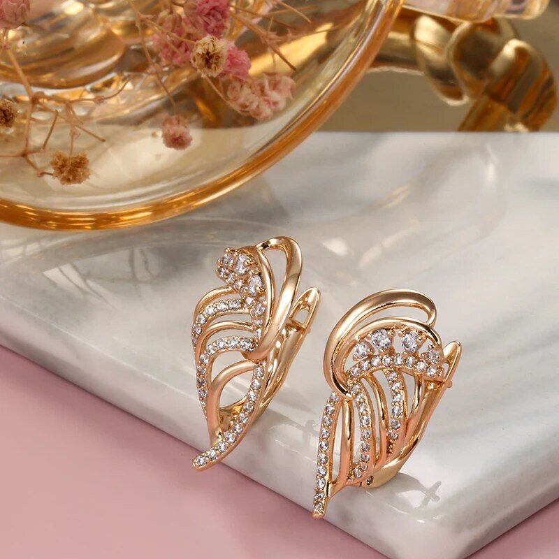 SYOUJYO-Boucles d'Oreilles Incrustées d'Ailes Naturelles pour Femme, Bijoux Vintage en Or Rose 585