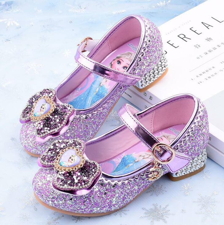 MINISO-Chaussures en cuir à talons hauts pour filles, princesse Elsa congelée, nœud papillon, dessin animé, décontracté, nouveau