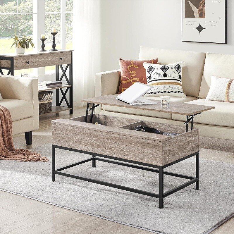 Table basse relevable avec rangement, table basse relevable fendue pour salon, table centrale en bois pour petits espaces