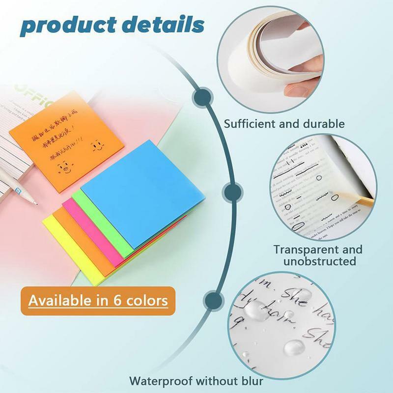 Clear Sticky Notes Transparent PET Post Notes Self-Stick Note Pads 3 X 3 Inches 5 Assorted Colors School Office Supplies