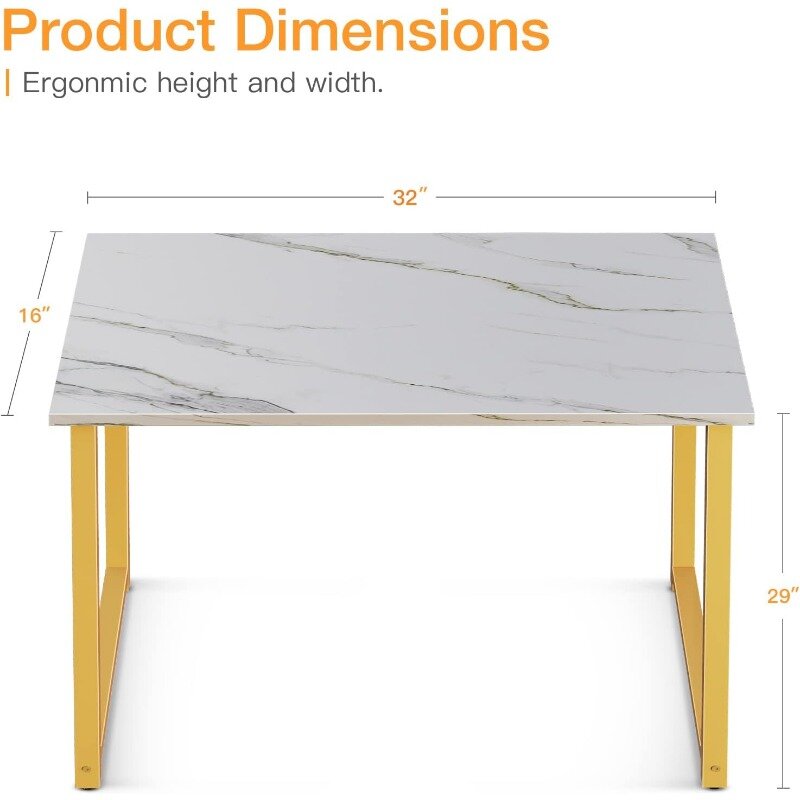 32 Inch Computer Desk, Modern Simple Style Desk for Home Office, Study Student Writing Desk, White Marble and Gold Leg
