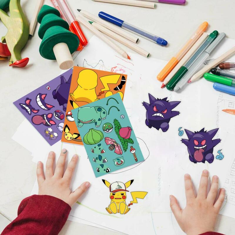 Pokemon Face Puzzle Sticker para Crianças, DIY, Anime Engraçado, Pikachu, Montar Adesivos, Brinquedos para Crianças, Presentes para Meninos e Meninas, 32 Folhas
