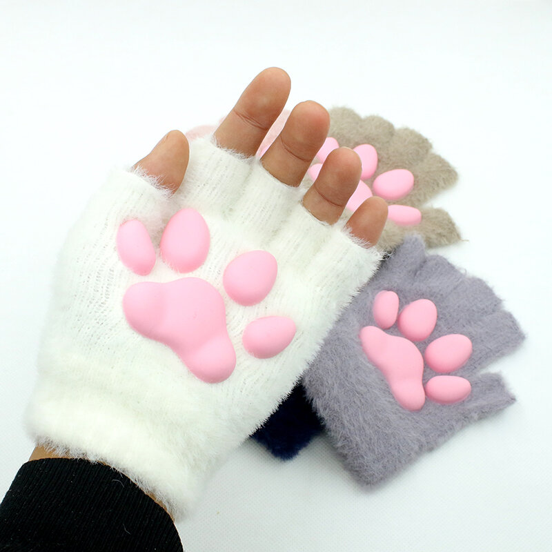 แฟชั่นซิลิโคน Cat Claw ถุงมือ Fingerless Plush 3D Toes Cat Paw แขนถักแมว Mittens Lolita Cosplay อุปกรณ์
