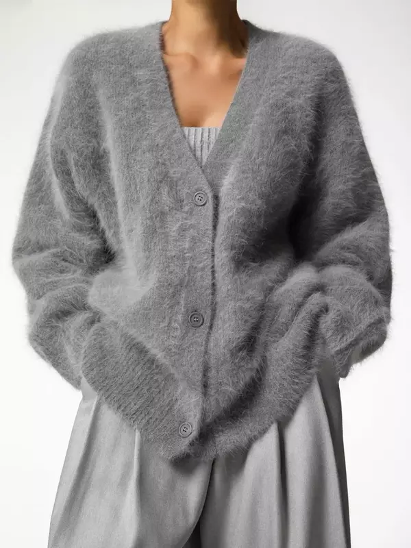 Bornladies-Cardigã de imitação de vison feminino, macio, decote em v, jaqueta grossa, botão de inverno, suéter vintage para mulheres