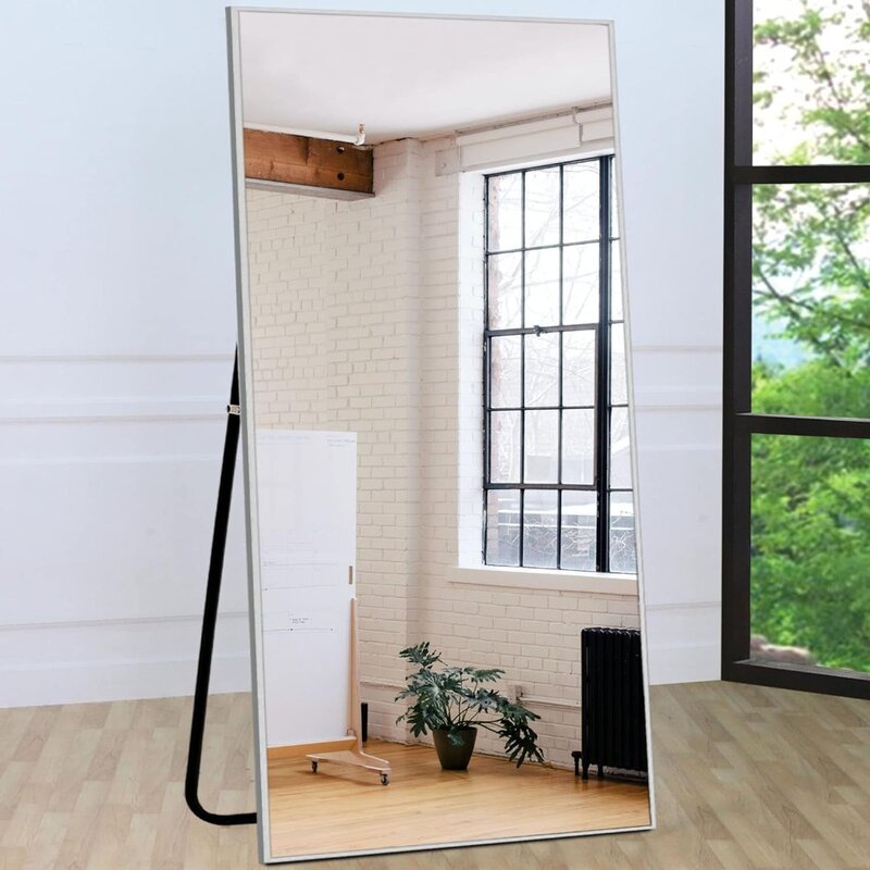 Full Length Floor Espelho Com Suporte, Metal Frame, Prata, Vaidade, Casa, 71 "x 32"