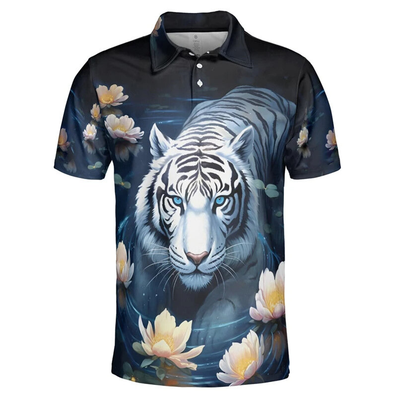เสื้อโปโลกอล์ฟพิมพ์ลายเสือ3D สำหรับผู้ชายเสื้อยืดผู้ชายเสื้อโปโลกราฟิกคุณภาพสูงเสื้อแขนสั้นฮาวายสำหรับวันหยุด