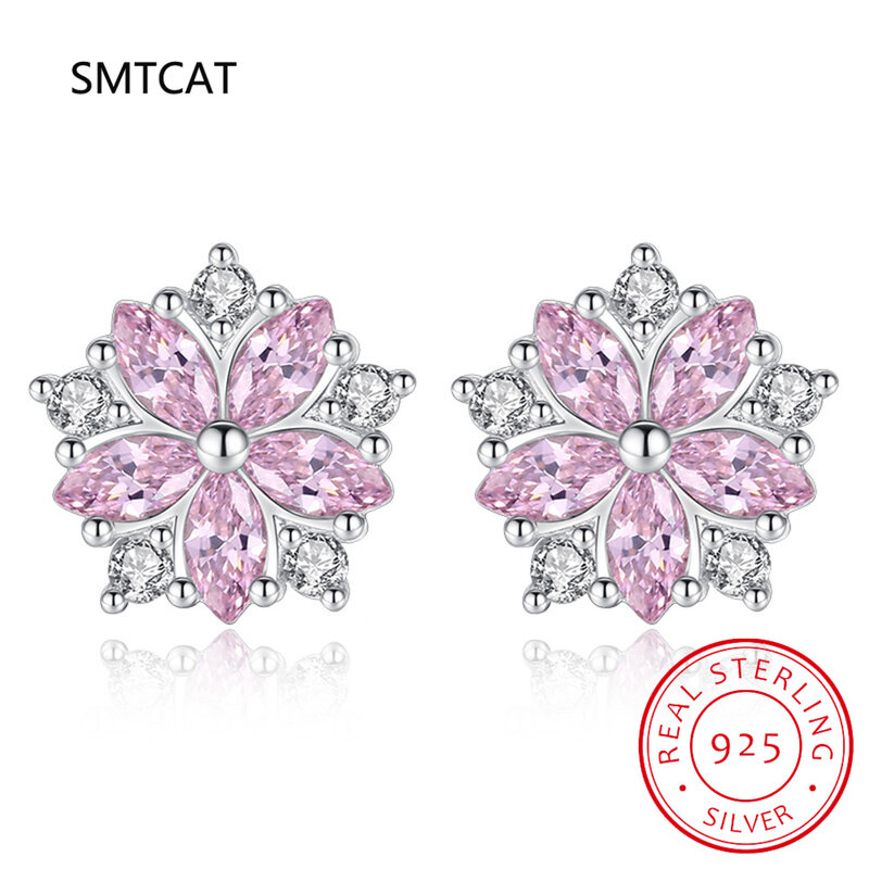 Серьги женские из серебра 100% пробы с белыми бриллиантами и розовыми цветами