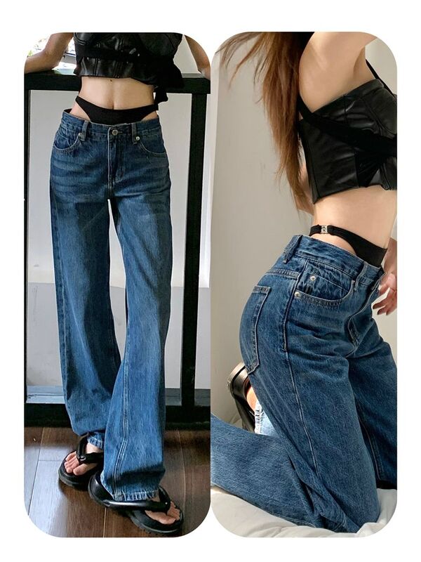 Джинсы женские с высокой талией, соблазнительные брюки-бикини в стиле Харадзюку, прямые узкие брюки с широкими штанинами, индивидуальные мешковатые джинсы