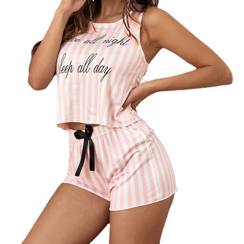 Conjunto casual de pijama listrado feminino, shorts superior e inferior estampados, conjunto de pijama de duas peças macio e confortável, leve e respirável