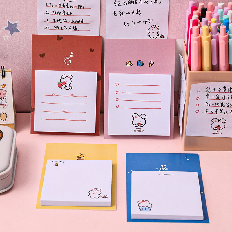 Bloc de notas adhesivas de animales de dibujos animados Kawaii, pegatinas de papel de papelería, autoadherentes, papel de mensaje, accesorios de oficina escolar, 30 hojas