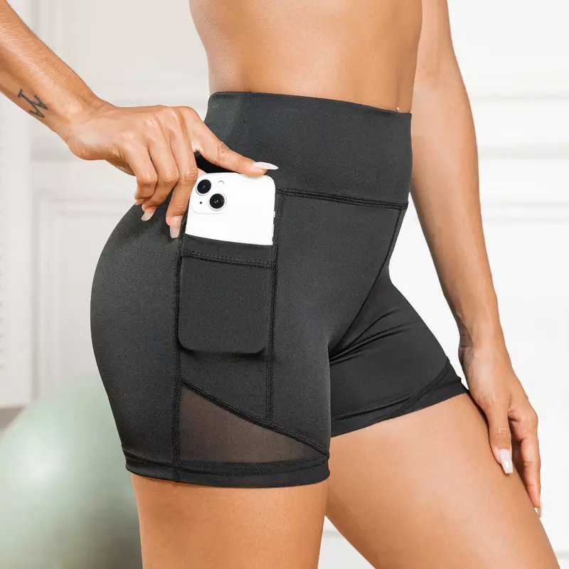 Women Gym Tight Lifting Buttocks Yoga Shorts Plus Size with Pockets Fitness Running Biker Shorts Side Pockets Workout Nude Pants