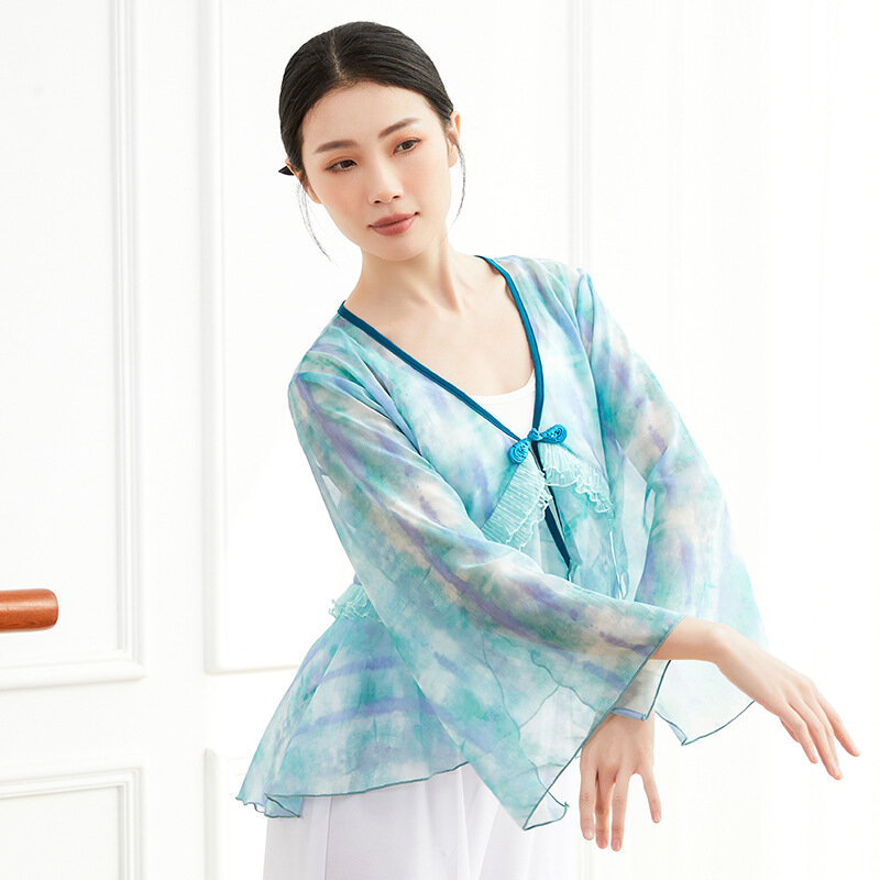 Baju Tari Klasik Baru Baju Latihan Panggung Kain Kasa Wanita Kardigan Tari Rakyat Tiongkok Atasan Antik Lengan Lebar Leher V