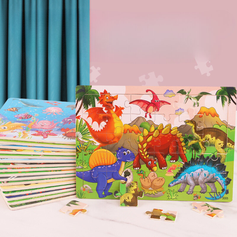 Baru kayu 30 buah teka-teki anak hewan dinosaurus kartun pesawat teka-teki bayi pendidikan dini dan intelektual bangunan blok mainan
