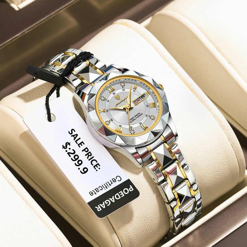 POEDAGAR-reloj de cuarzo de lujo para mujer, pulsera de acero inoxidable con fecha luminosa, resistente al agua, elegante, con caja