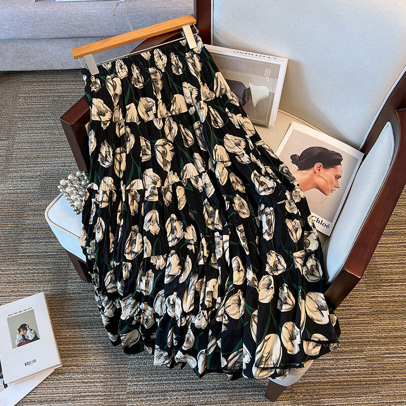 EHQAXIN 2024 новая летняя женская юбка Повседневная Милая шифоновая с высокой талией Ароматизированная Цветочная трапециевидная модная юбка женская
