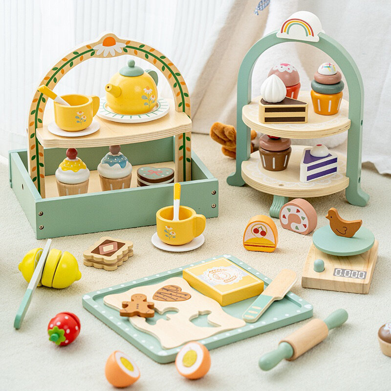 Kids Wooden Toys Coffee Maker Toy Set Cake Ice Cream Tea Time Playset Toddler Pretend Play Kitchen Accessories Gift for Children