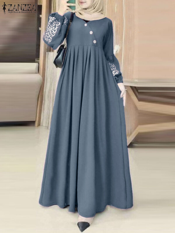 Модное мусульманское платье ZANZEA Eid Mubarek, женский элегантный сарафан с принтом, платье с длинным рукавом и воротником, винтажное женское платье большого размера