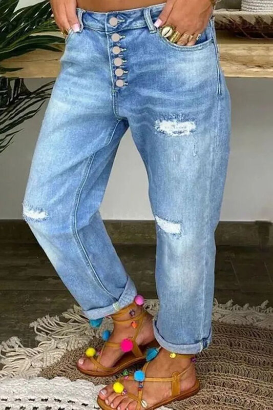 Jins robek untuk wanita lubang pinggang tinggi ibu celana jins suar musim gugur 2024 kasual panjang Streetwear celana Jeans longgar