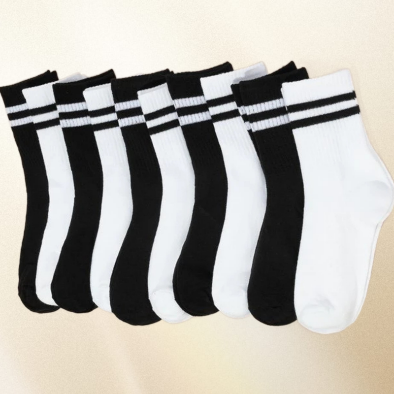 Модные женские носки, 10 пар, носки средней длины с высокой посадкой, Женские однотонные черные, белые параллельные полоски, популярное поглощение пота