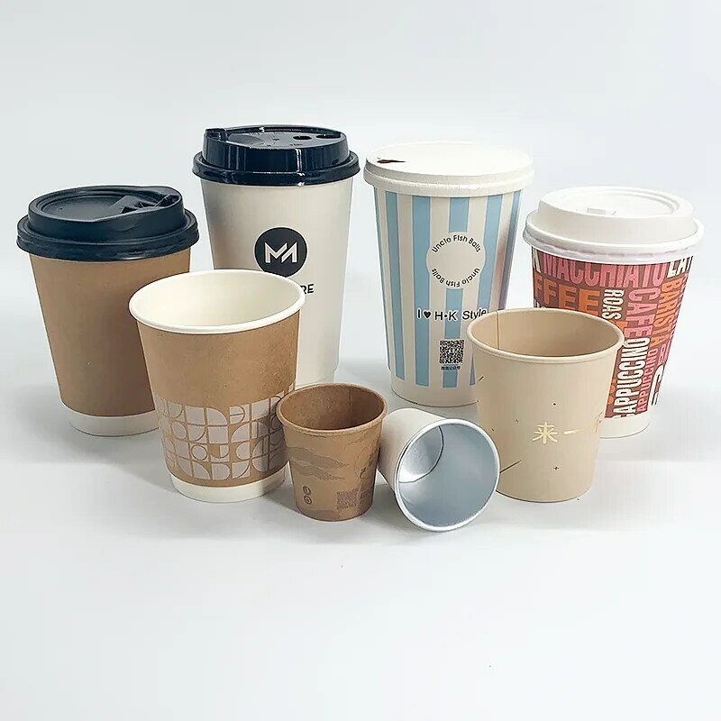 뚜껑이 있는 뜨거운 커피 음료용 일회용 테이크 아웃 이중벽 종이컵, 맞춤형 로고 인쇄 제품