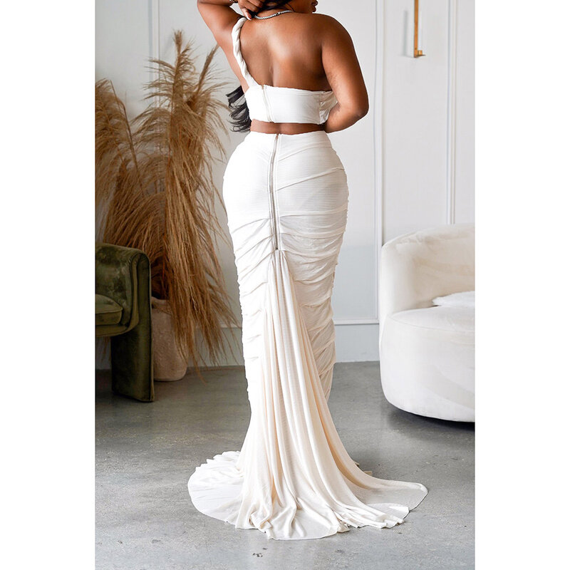 Plus Size White Vacation Pleated Twisted Fishtail Hollowed Two Piece Crop Top Skirt Sets