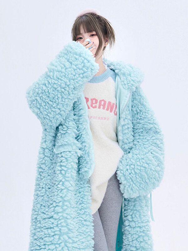 Lautaro Winter długi, w stylu Oversized Casual gruby ciepły niebieski gruby ciepły Fuzzy puszysty płaszcz ze sztucznego futra kobiet z kapturem zamek moda 2023
