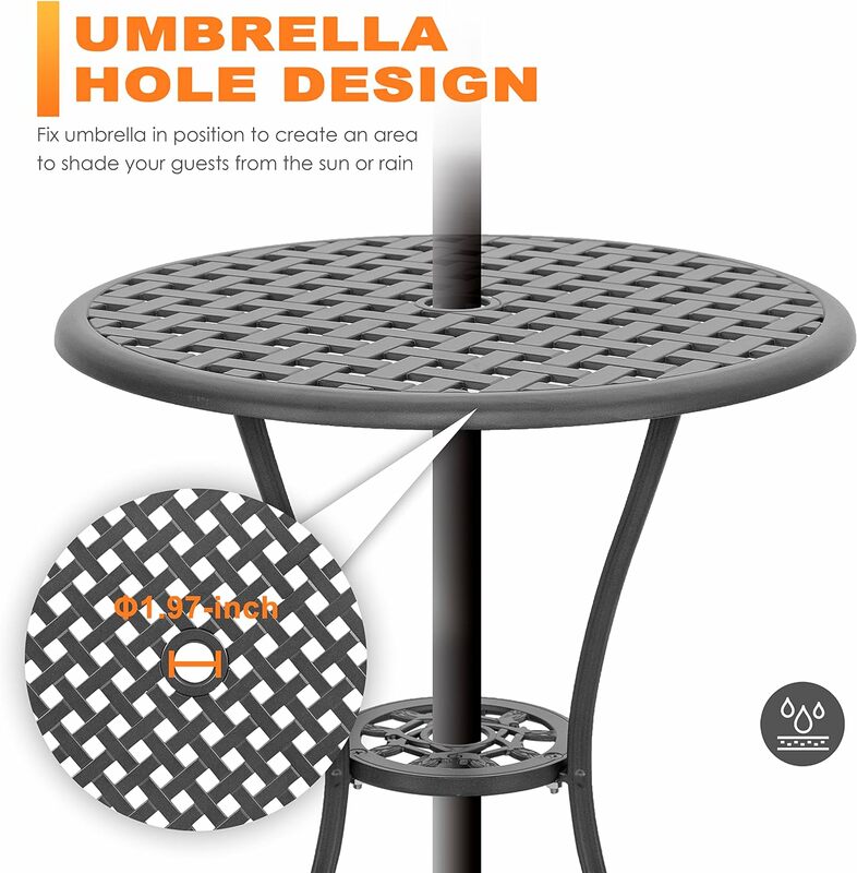 NUU-Juego de mesa y sillas de aluminio fundido para jardín, conjunto de 2 bistró con agujero para sombrilla, para Patio trasero, 3 piezas