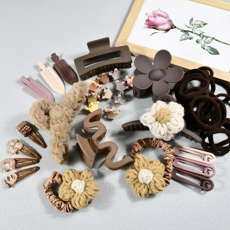 47Pcs/Set Box Package Brown Flowers Women Hair Claw Clips Sweet Bang Side Clips Elastic Hair Tie Set For Valentine's Day Gift