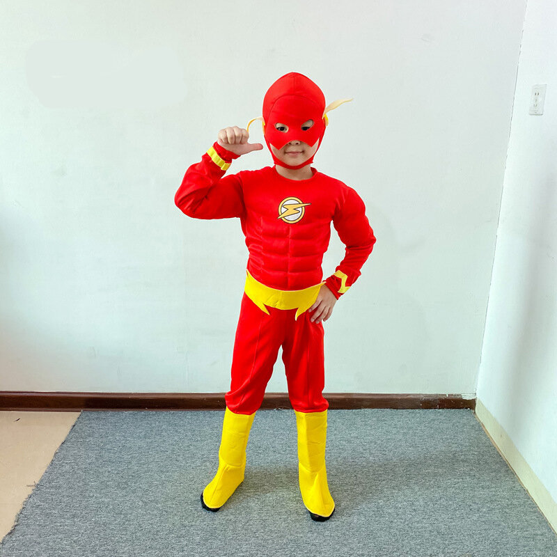 Boy's Deluxe Flash Costume Fancy Dress Up Kids Movie Carnival Party Halloween Flash Cosplay Costumes Mask Belt With Shoes 3-12Y