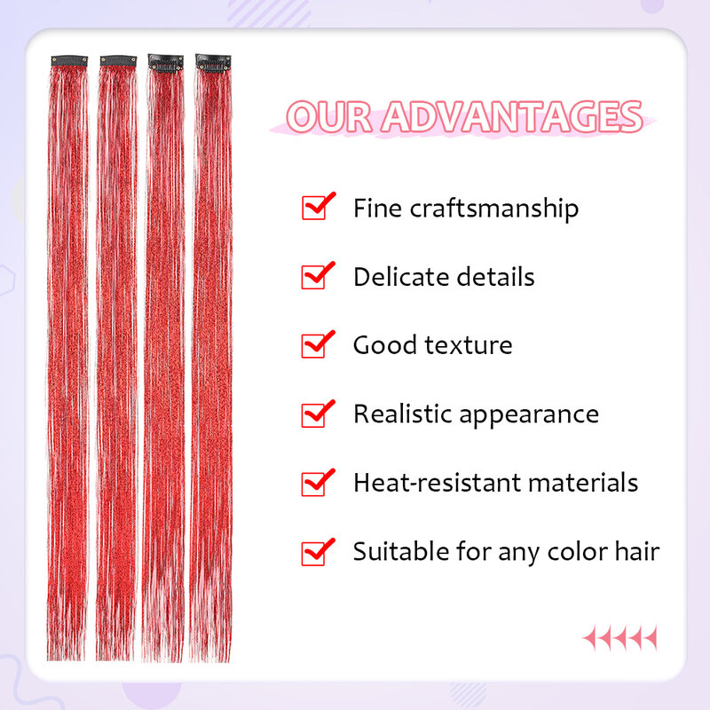 5Pcs/Pack Clip in Hair Tinsel 22 Inch Synthetic Colorfull Tinsel Hair Extensions for Women Girls Party Christmas New Year Gift