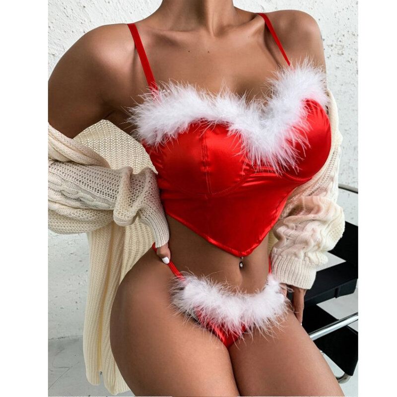 Ensemble de lingerie en satin avec garniture en plumes pour femmes, bretelles spaghetti, corset push-up, soutien-gorge avec sous-vêtements en T, carnavals de Noël