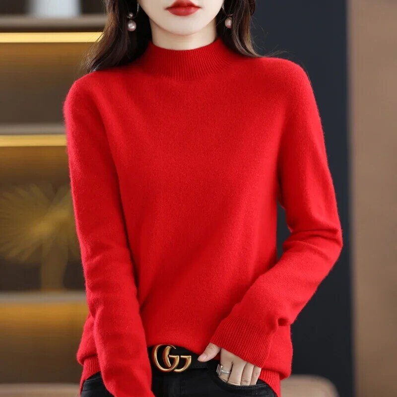 100% wol sweter wanita musim gugur musim dingin kasmir Pullover kerah setengah tinggi warna murni liar atasan lengan panjang modis kasual