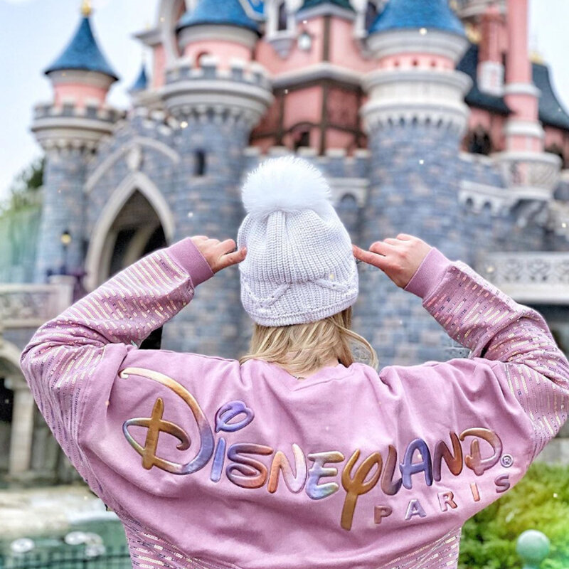 Disney Sweter Bertudung Pasangan Wanita Mickey Mouse Disney World Castle 2022 Jumper Lucu Lengan Panjang Leher-o Longgar Huruf Kasual