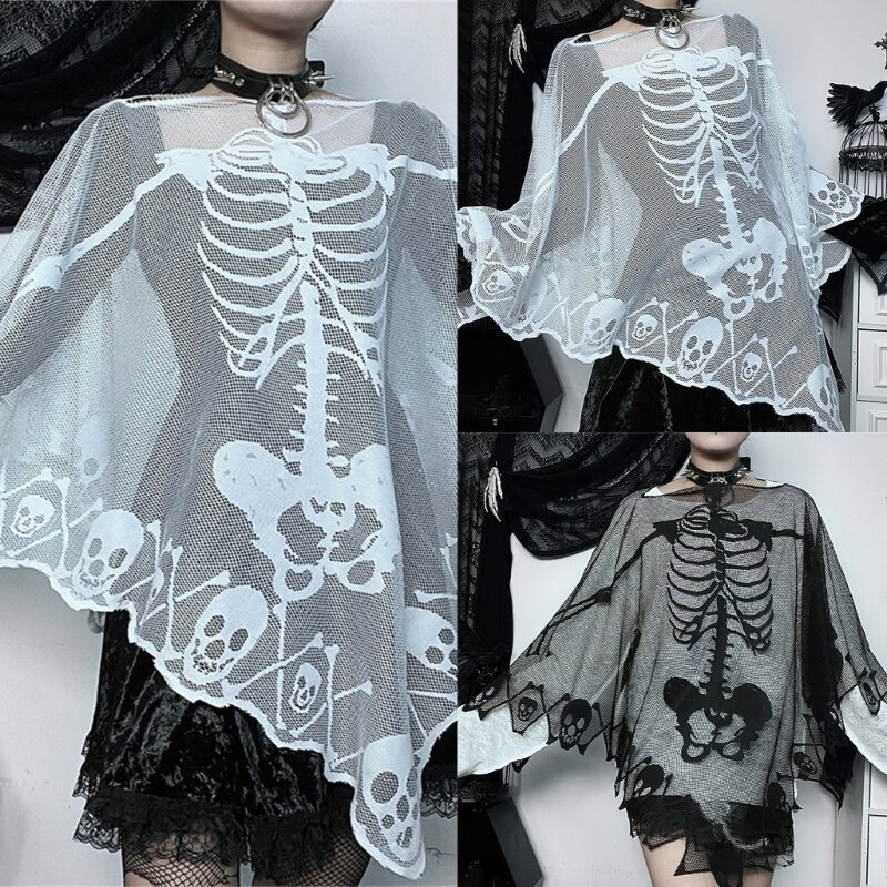 Disfraz Fiesta Temática Halloween, capa, chal encaje con calavera para mujer, accesorios góticos, envío directo