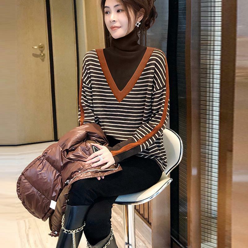 High-neck striped pullover sweater women fake two-piece design inside knitted sweater autumn and winter pullover sweater female