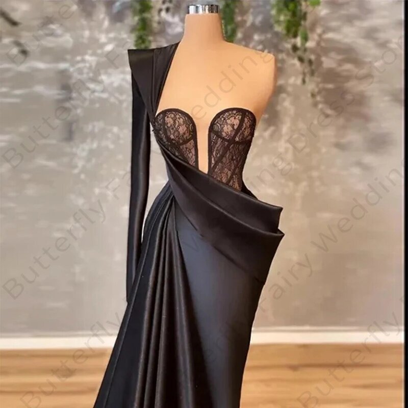 Vestido de fiesta de sirena con hombros descubiertos, manga de un hombro, satén plisado, largo hasta el suelo, Apliques de encaje formales, negro, elegante