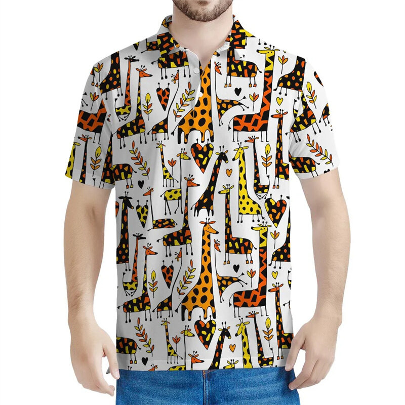 Polo à motif de girafe de dessin animé pour hommes et enfants, t-shirt imprimé en 3D avec animaux, t-shirt décontracté, bouton de revers, manches courtes