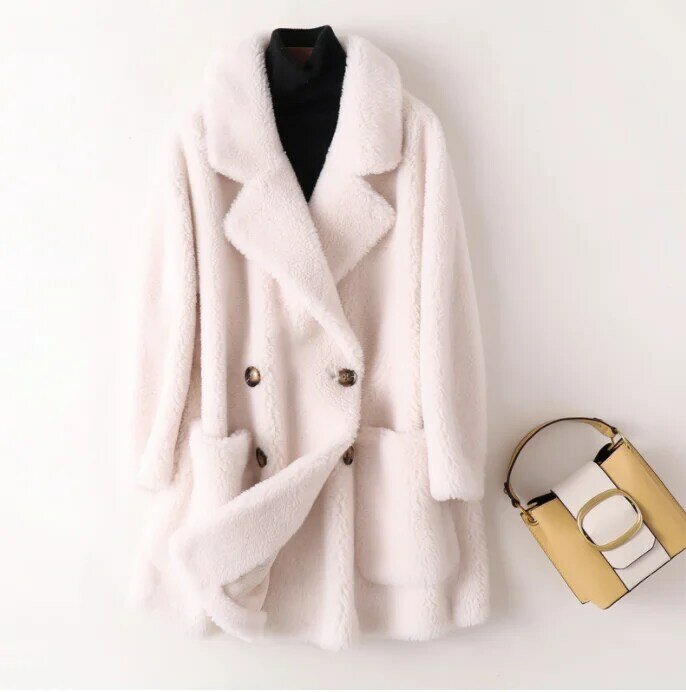 Mantel bulu wanita, mantel wol alami tebal hangat elegan longgar ukuran besar, pakaian luar untuk wanita 2023