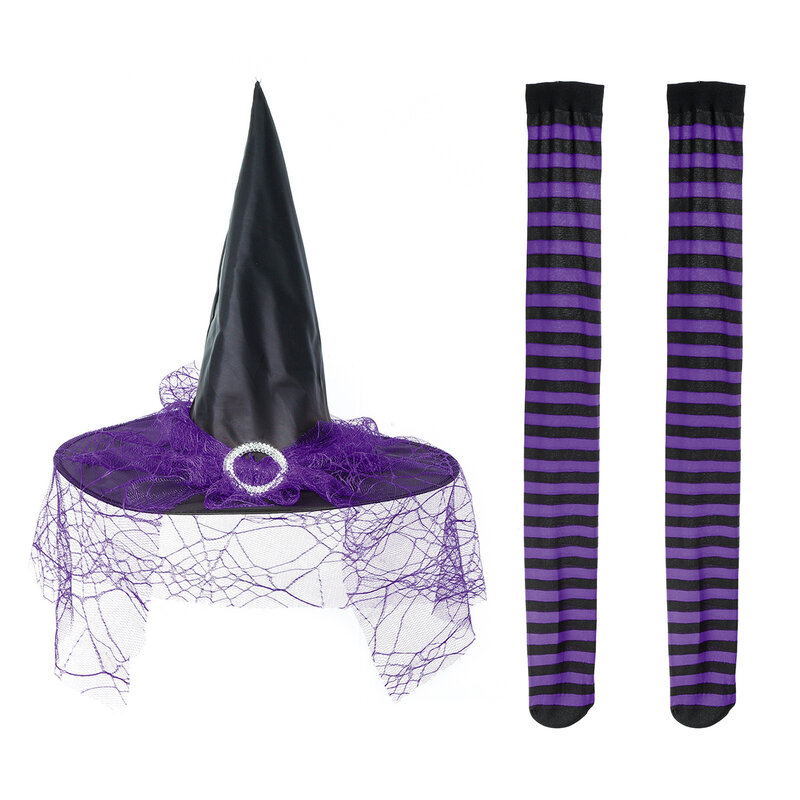 Accesorios de disfraces de Halloween de bruja, sombrero de bruja puntiagudo con medias elásticas a rayas/sombrero por separado