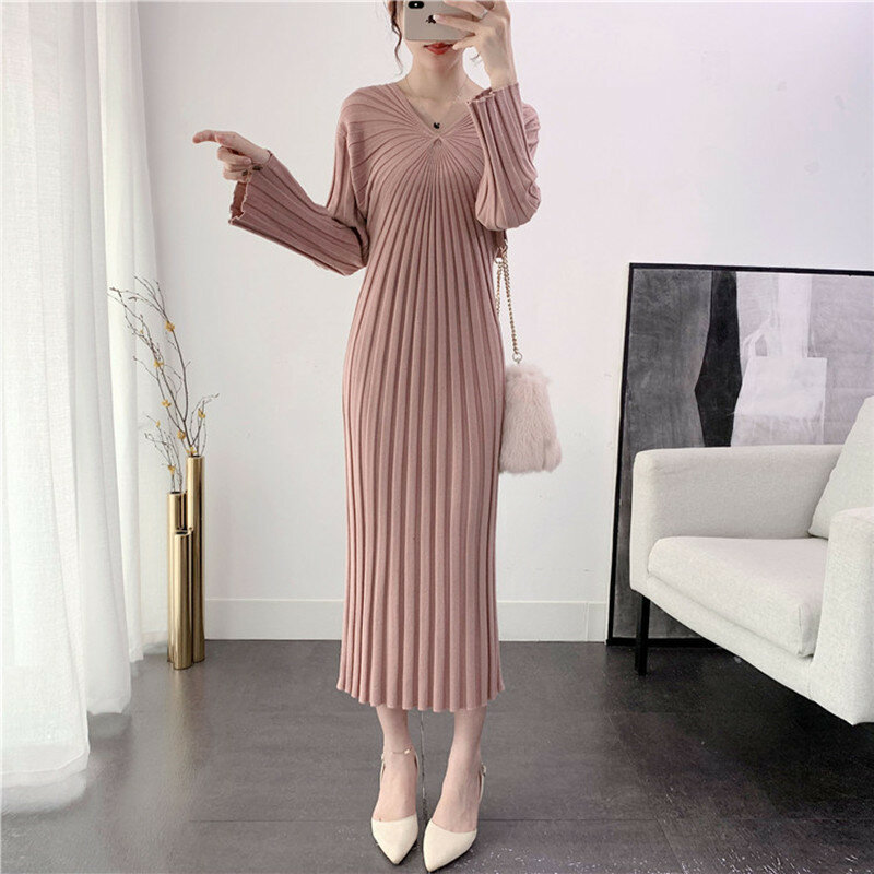 Autumn Winter Clothes Women Pullovers New Temperament Knitted Sweaters V-Neck Long Dress Slim Ladies Knitwears Sweater Mujer